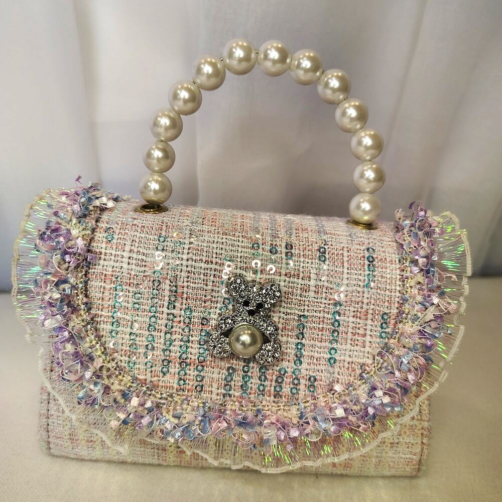 Pearl Handle Tweed Sequin Mini Bag Rhinestone Teddy Coquette Purse y2k